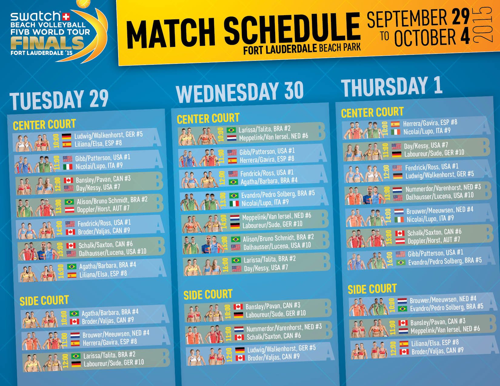 #SwatchWTFinalsUSA: Match Schedule Sept. 29 – Oct. 1